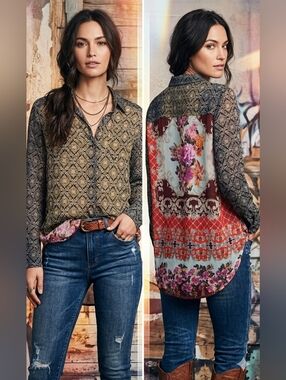 Aratta Adele Shiry Mixed Print Button-Down Blouse in Black and Burgundy